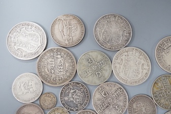 A quantity of Victorian, Edwardian and pre 1920 silver coinage (2/6 x6, 2/- x6, 1/- x8 etc)